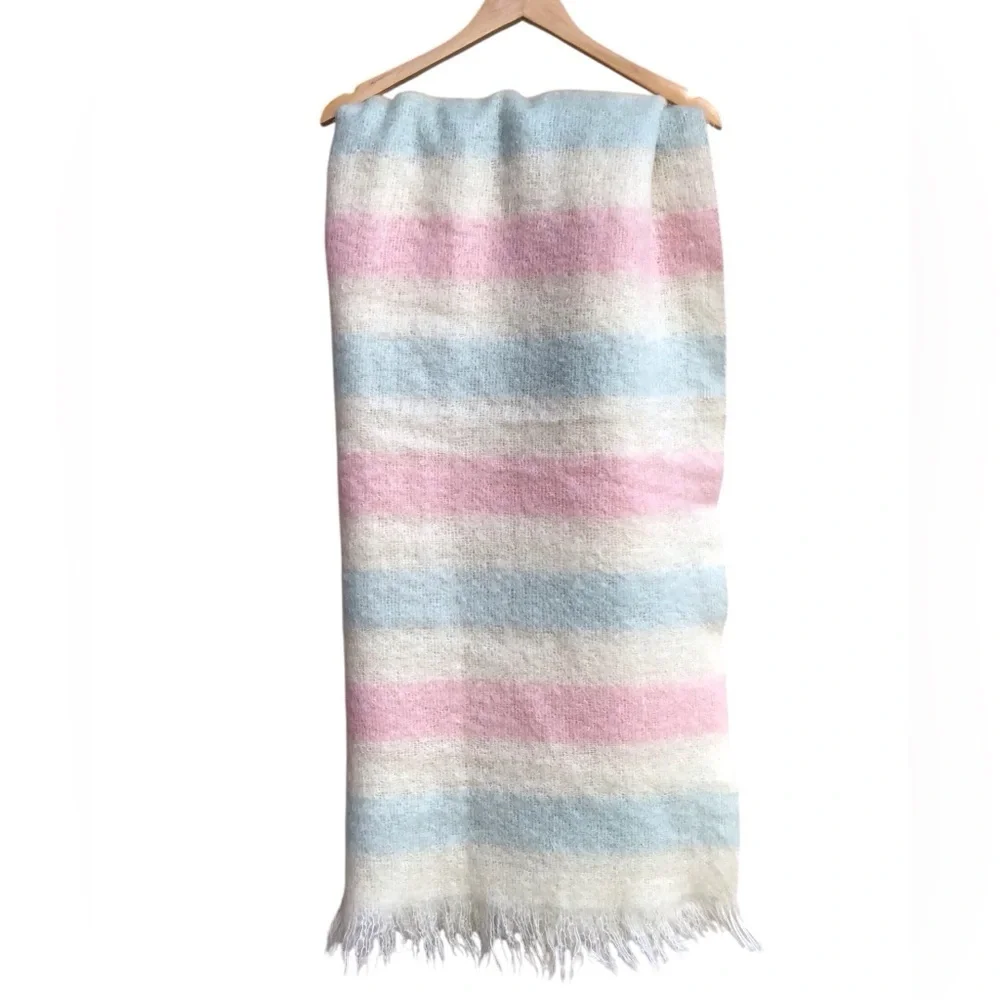 Toison D’or 51” x 70” Mohair Pink Blue Off White Throw Blanket Made In France